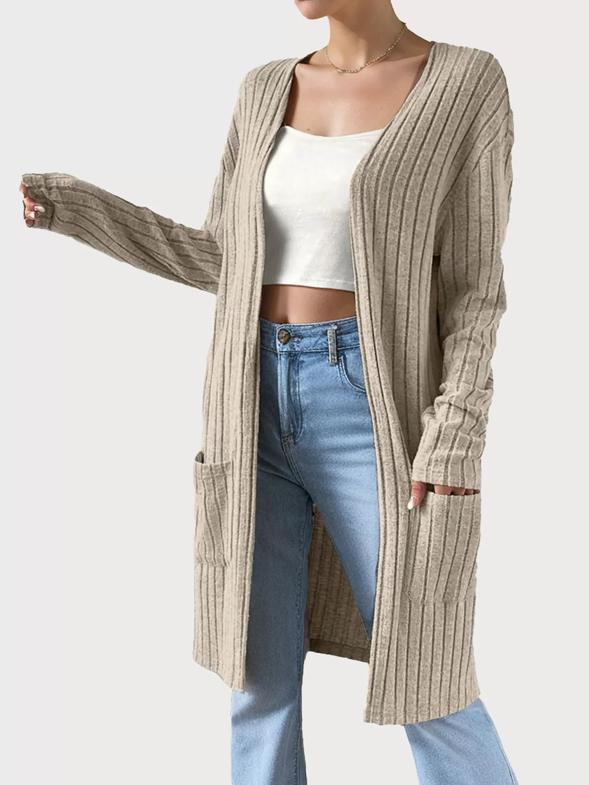 Mid-Length Double Pocket Long Sleeve Knit Cardigan