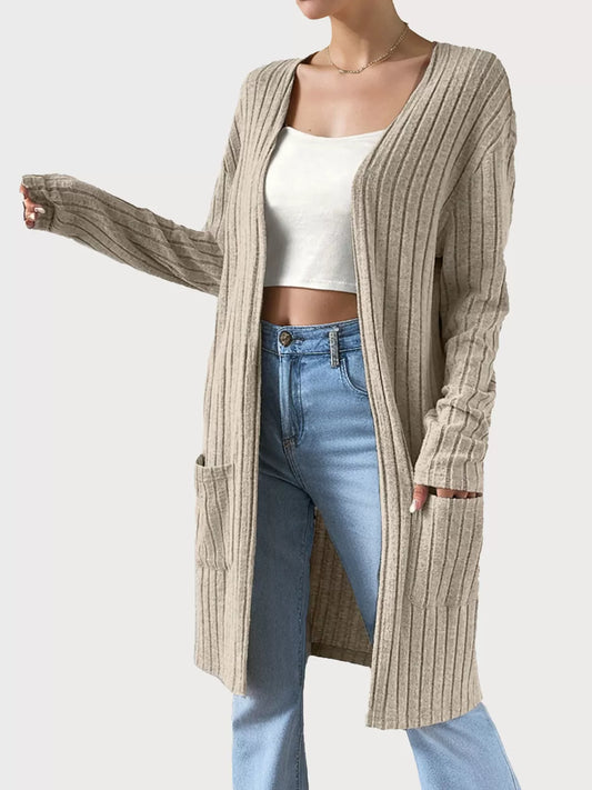 Mid-Length Double Pocket Long Sleeve Knit Cardigan