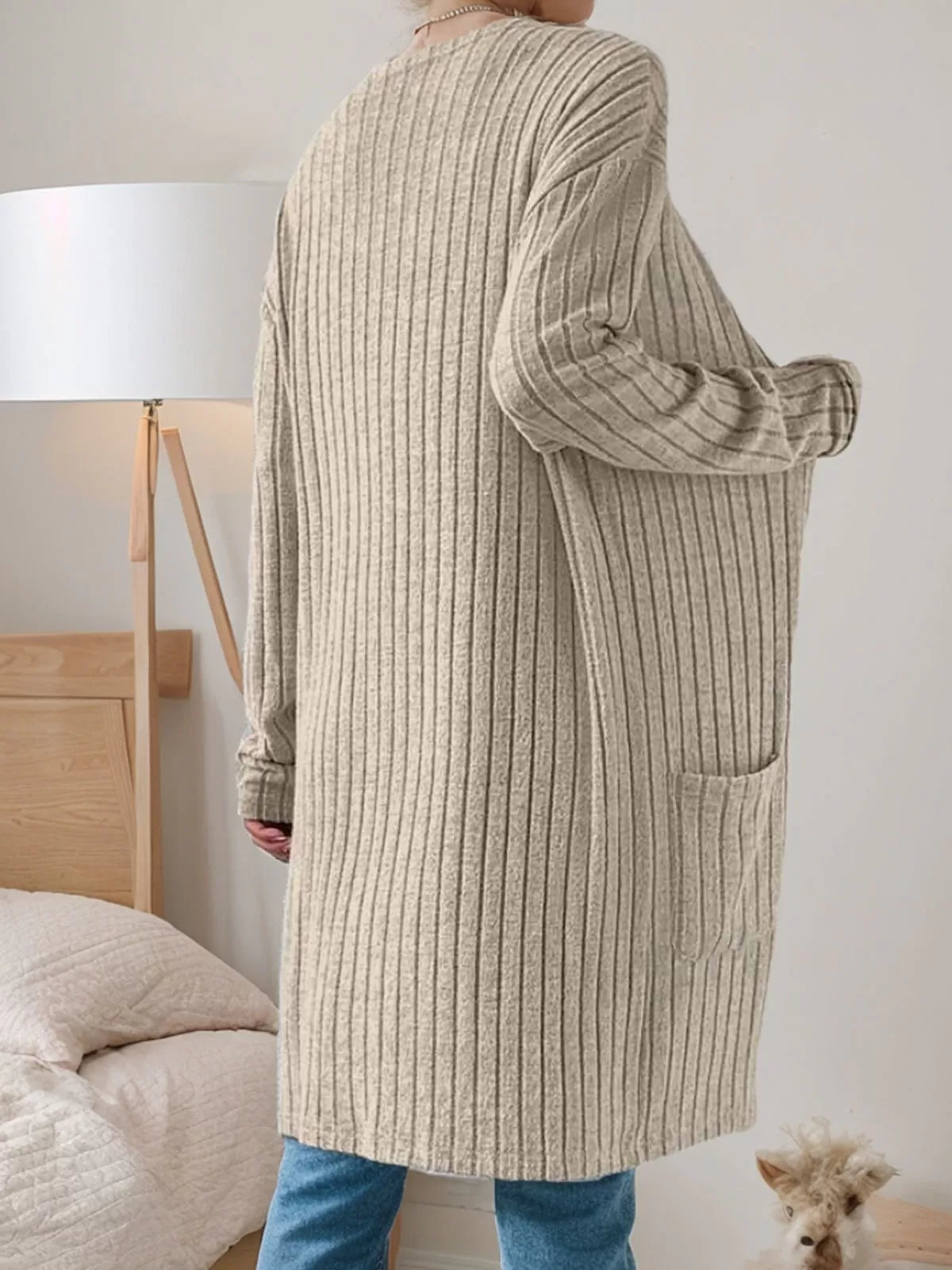 Mid-Length Double Pocket Long Sleeve Knit Cardigan