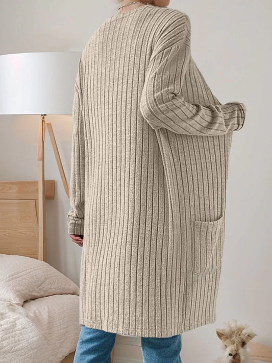 Mid-Length Double Pocket Long Sleeve Knit Cardigan