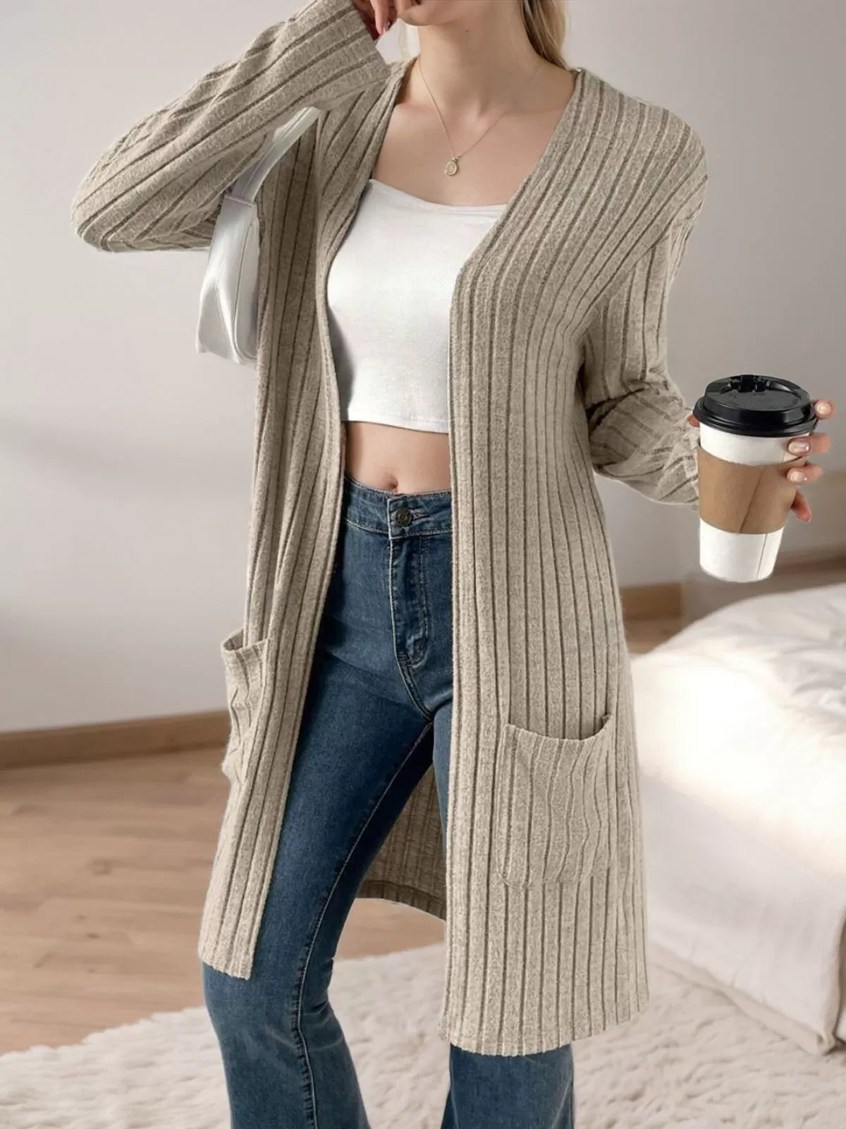 Mid-Length Double Pocket Long Sleeve Knit Cardigan