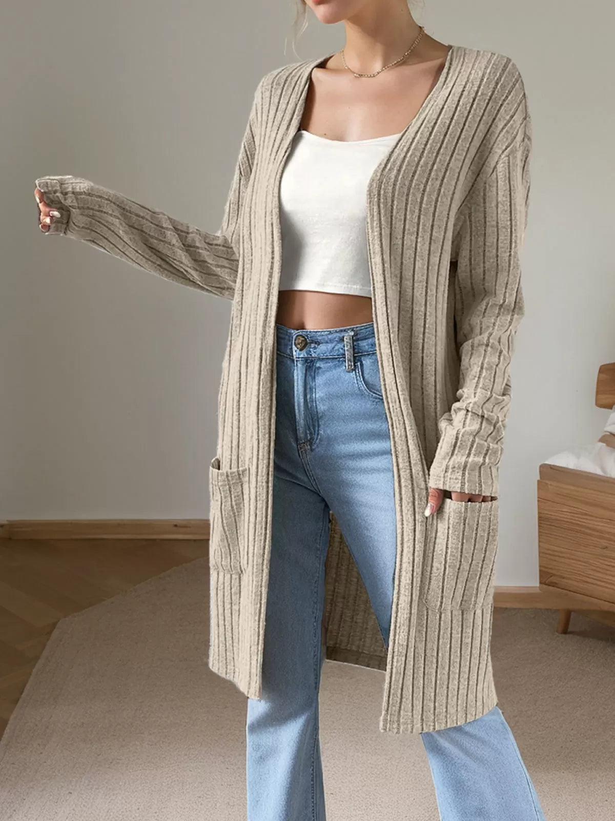 Mid-Length Double Pocket Long Sleeve Knit Cardigan