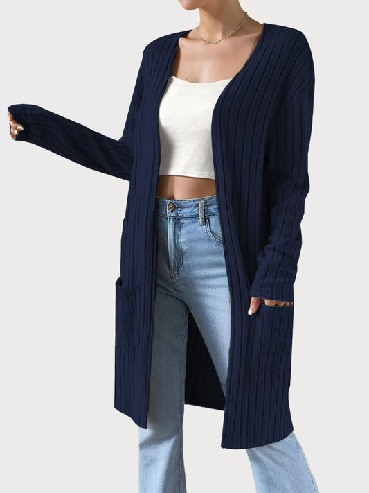 Mid-Length Double Pocket Long Sleeve Knit Cardigan