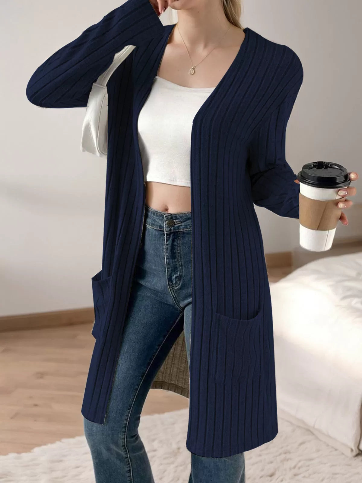 Mid-Length Double Pocket Long Sleeve Knit Cardigan
