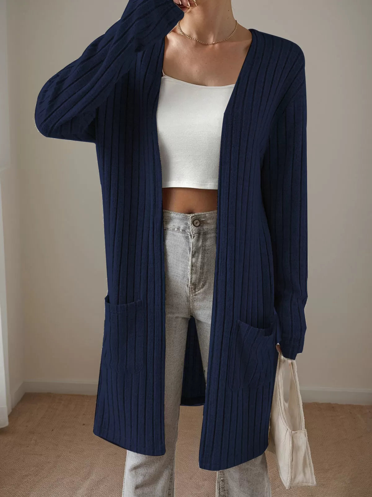 Mid-Length Double Pocket Long Sleeve Knit Cardigan