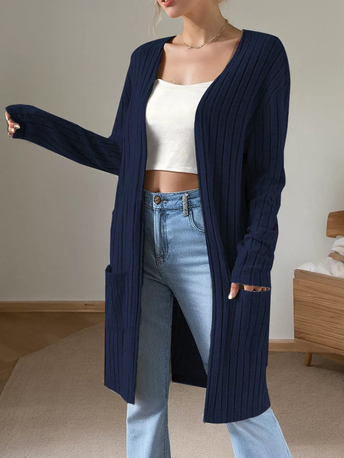 Mid-Length Double Pocket Long Sleeve Knit Cardigan