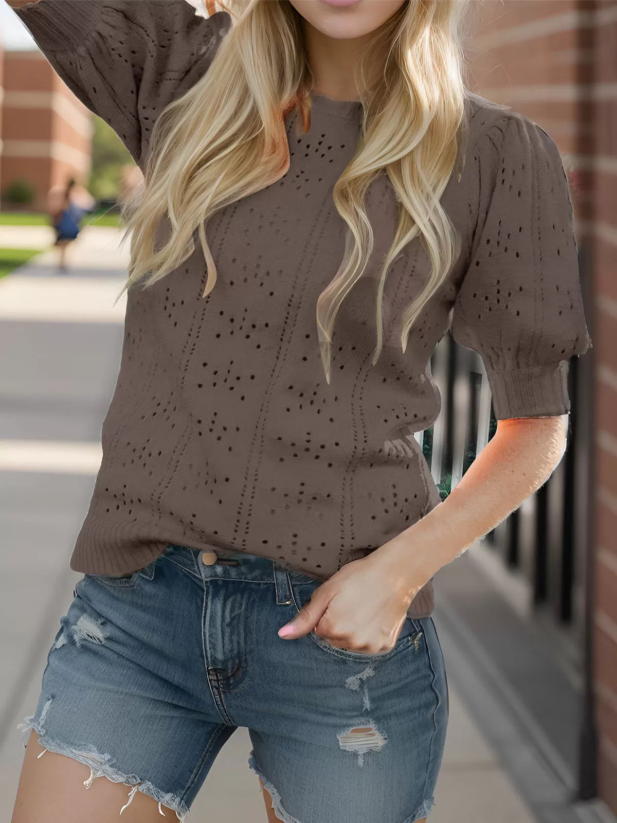 Round Neck Lantern Short Sleeve Sweater