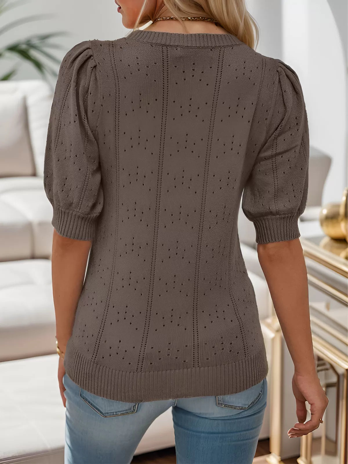 Round Neck Lantern Short Sleeve Sweater