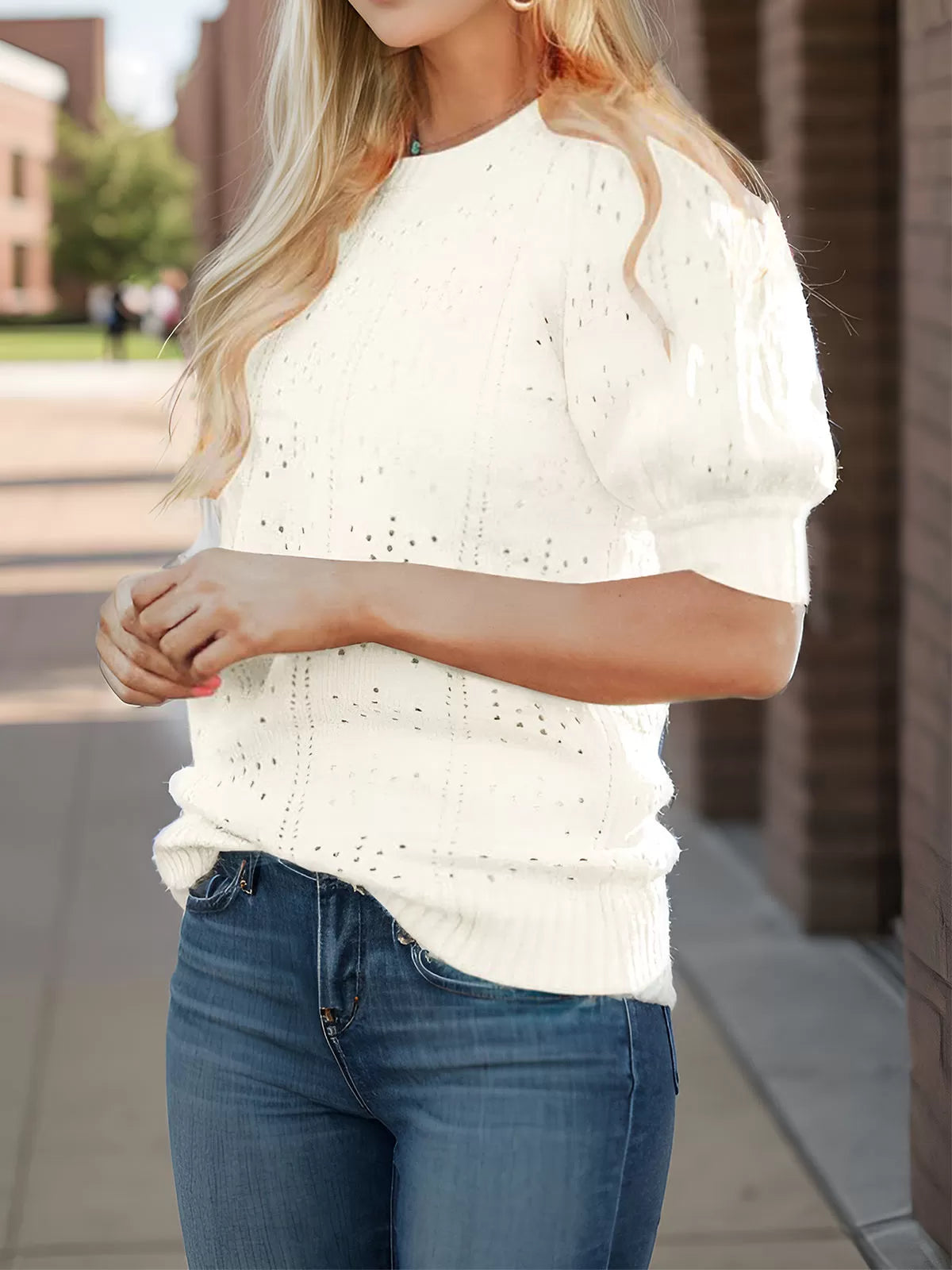 Round Neck Lantern Short Sleeve Sweater
