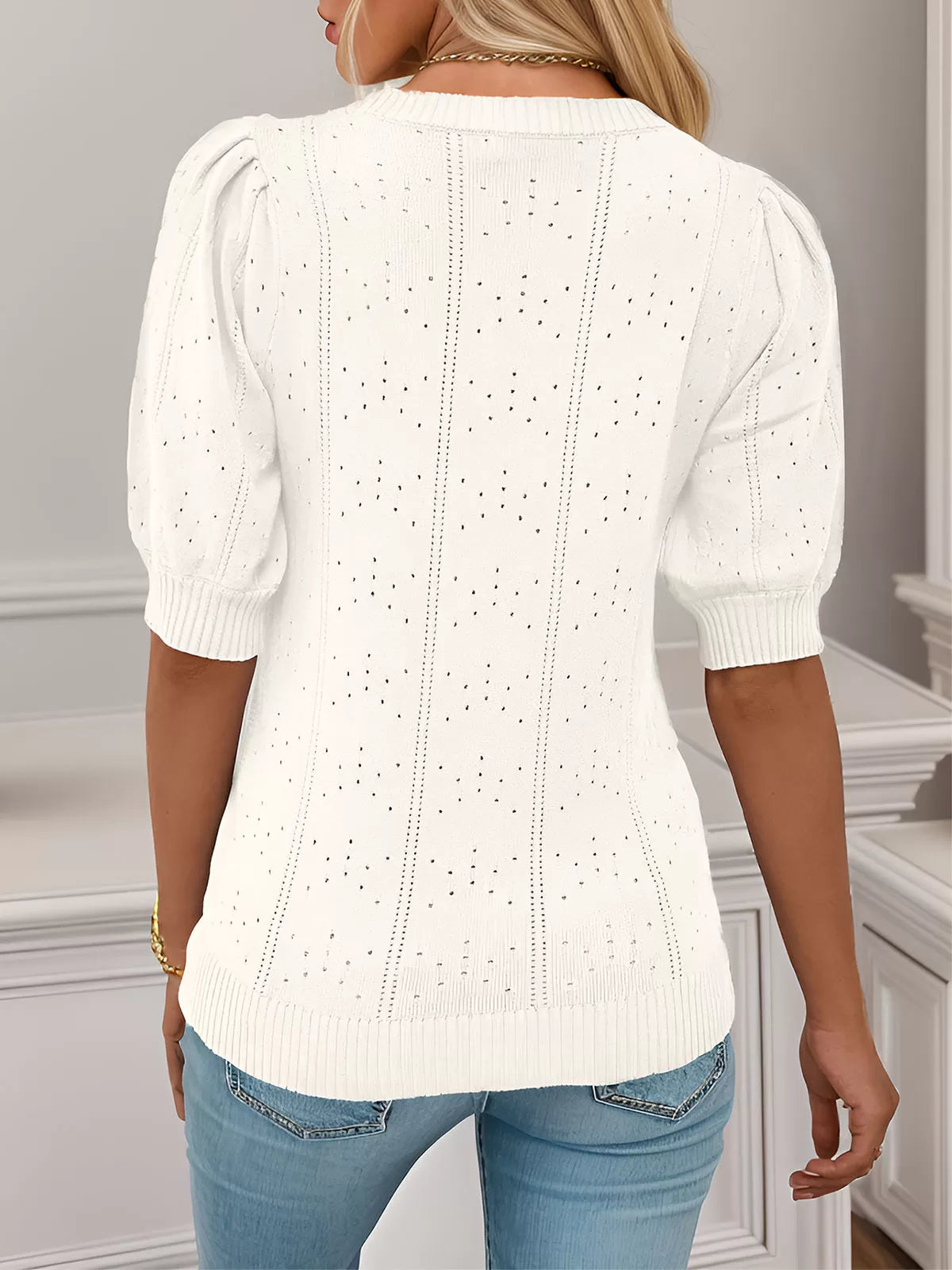Round Neck Lantern Short Sleeve Sweater