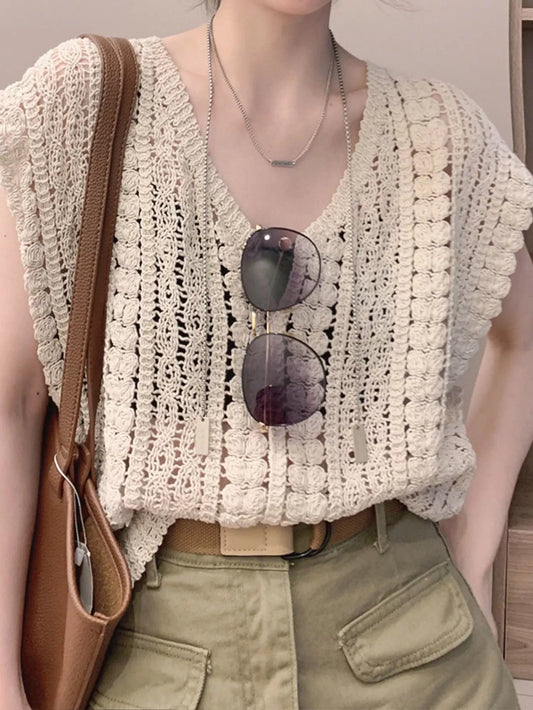 Solid Hollow Out V-neck Knitted Sweater