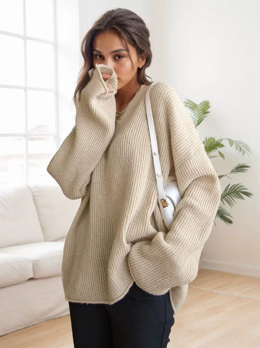 Solid V-neck Knitted Regular Sweater