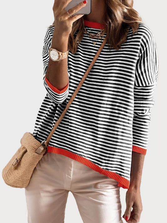 Stripes Crocheting Round Neck Long Sleeve Sweater