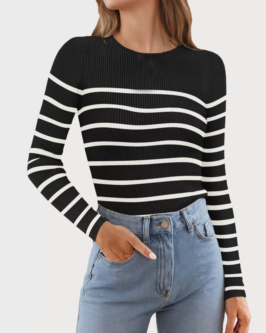 Stripes Round Neck Long Sleeve Woolen Sweater
